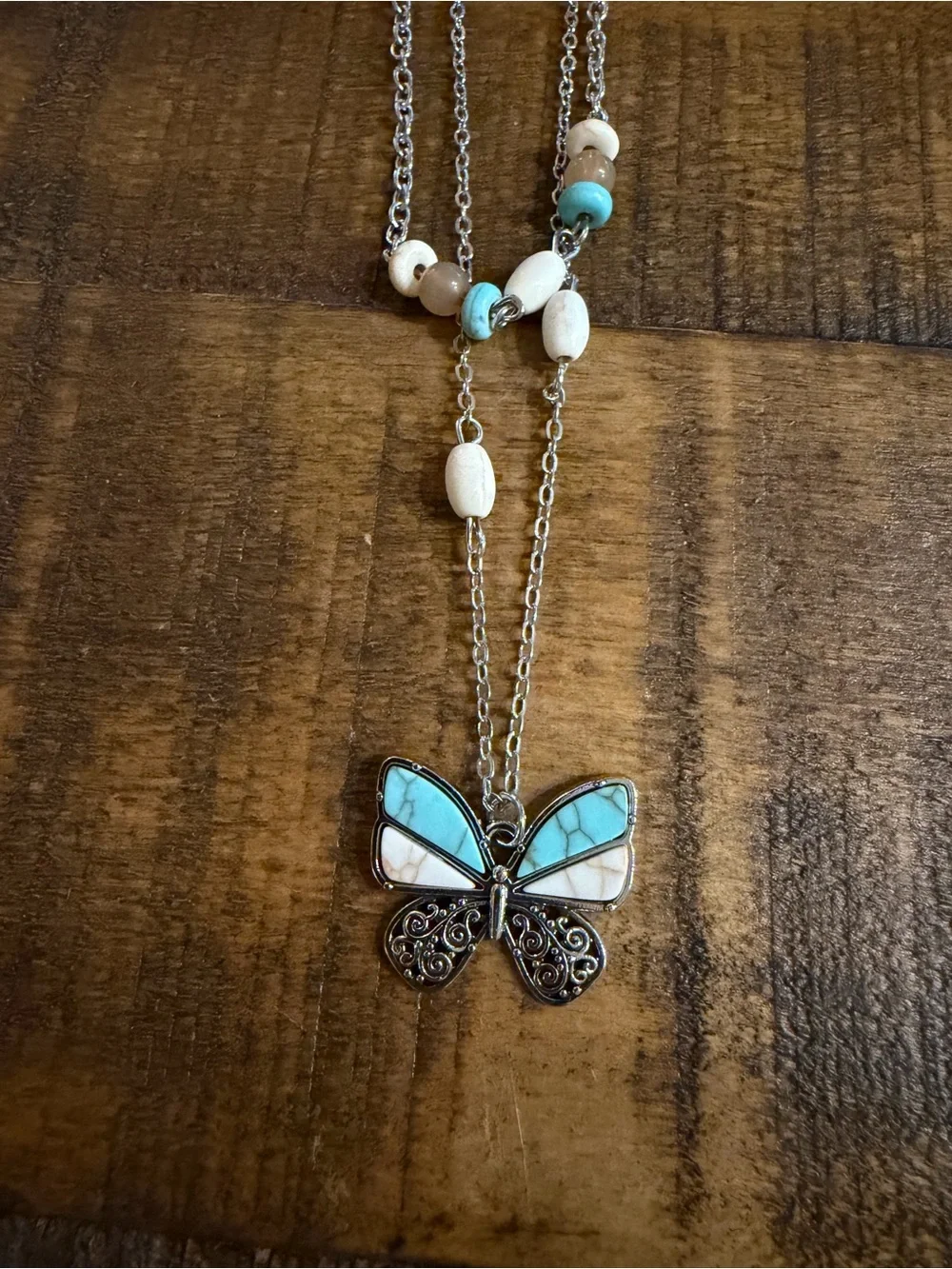 Paparazzi Silver-Tone Turquoise and White Butterfly Necklace
